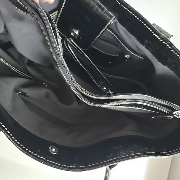 LIZ CLAIBORNE Embossed Faux Crocodile Black Purse Tote Shoulder Bag 14x10x5 EUC - Picture 11 of 15